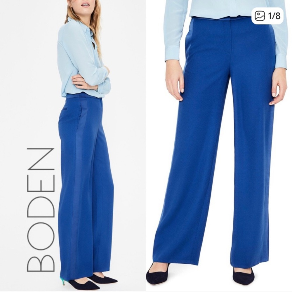 Boden Women's Blue Wide-Leg Tuxedo Trouser Pants